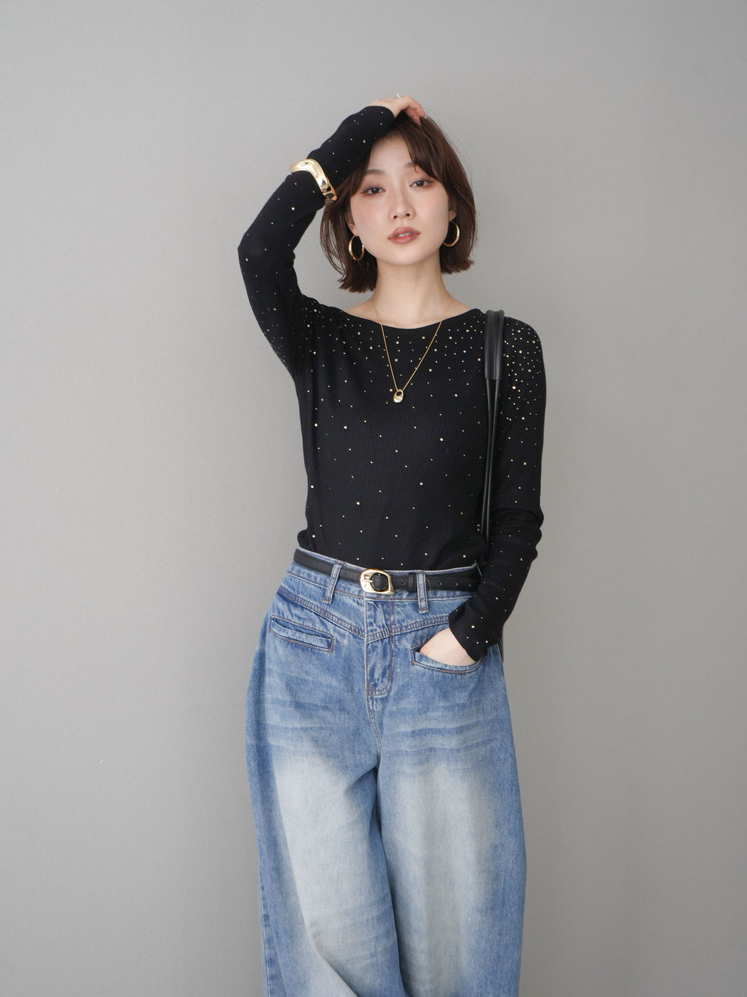 [SET]スパンコールシアーニットトップス+選べるアクセセット(2set)