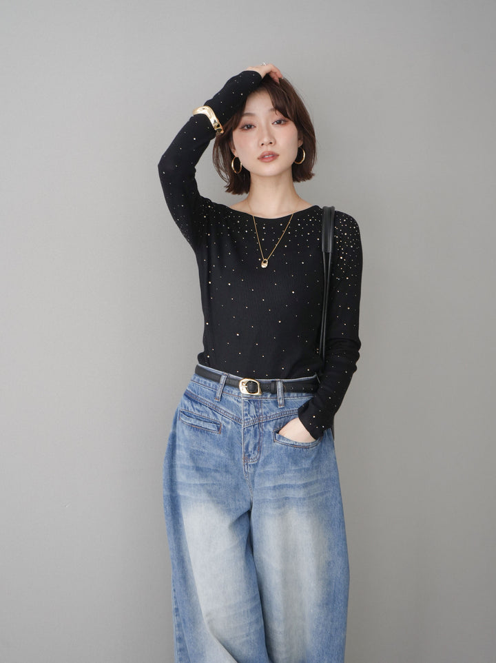 [SET]スパンコールシアーニットトップス+選べるアクセセット(2set)
