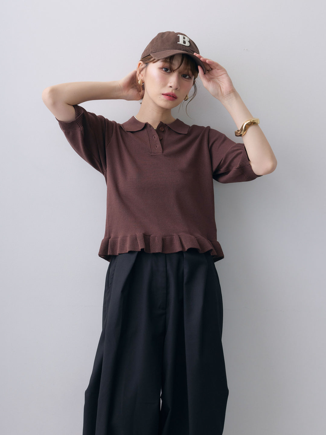 [予約]クールタッチポロフリルニットプルオーバー/brown
