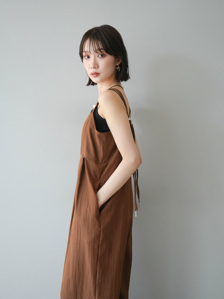 [SET]リネンライクビスチェデザインサロペット+ダブルストラップカットリブブラキャミソール(2set)