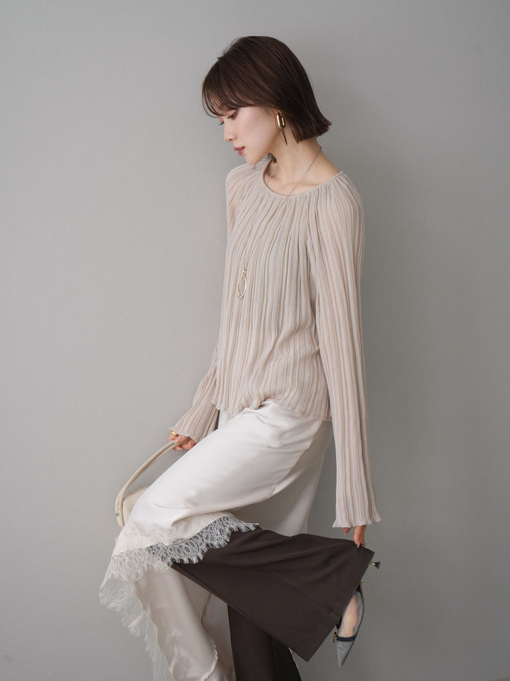[予約]プリーツシアーフレアスリーブニットトップス/beige