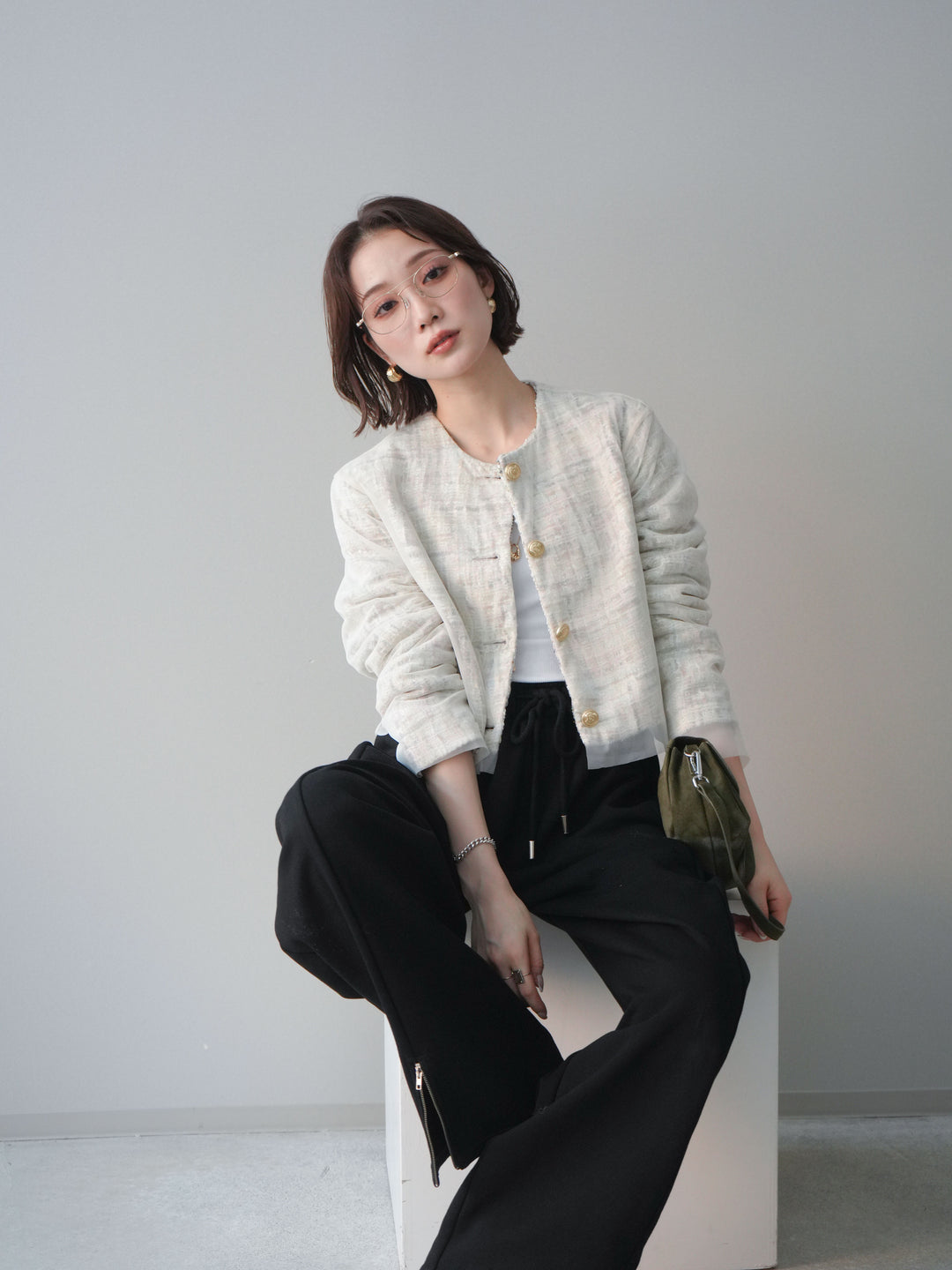 [SET]チュールレイヤードツイードクロップドジャケット+裾ZIPスエットワイドパンツ(2set)