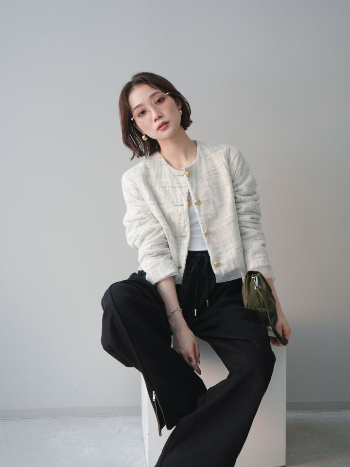 [SET]チュールレイヤードツイードクロップドジャケット+裾ZIPスエットワイドパンツ(2set)