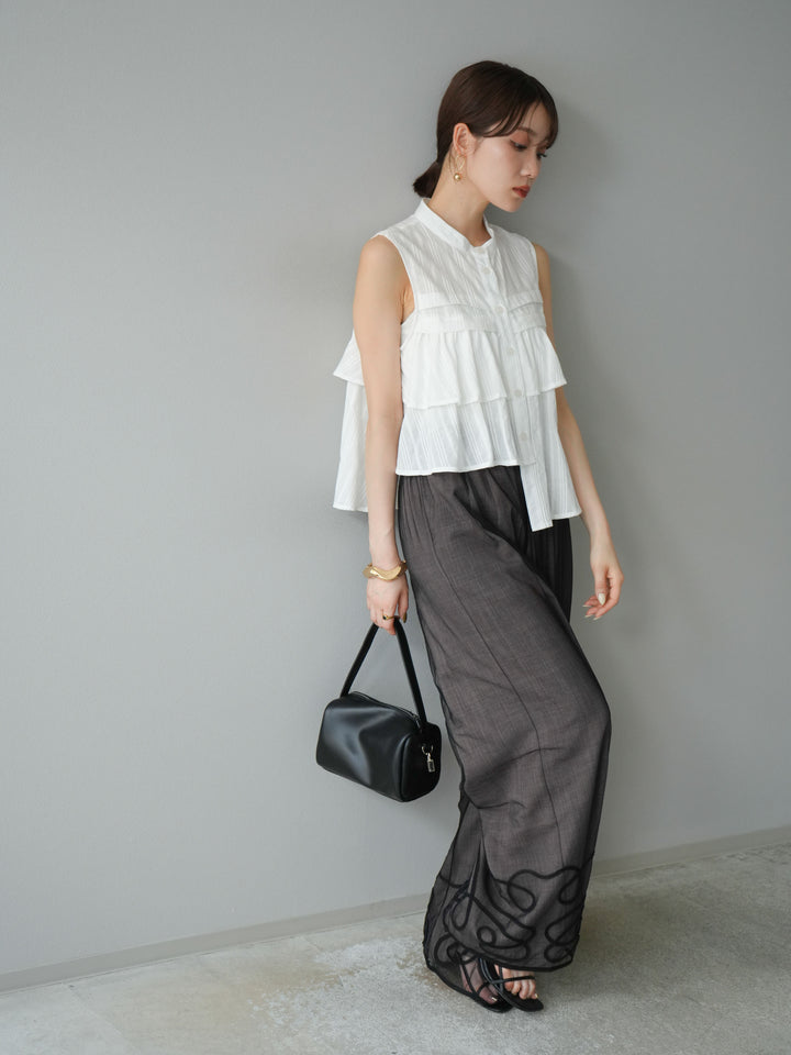 [予約]ドビーストライプアシンメトリーフリルノースリブラウス/ホワイト