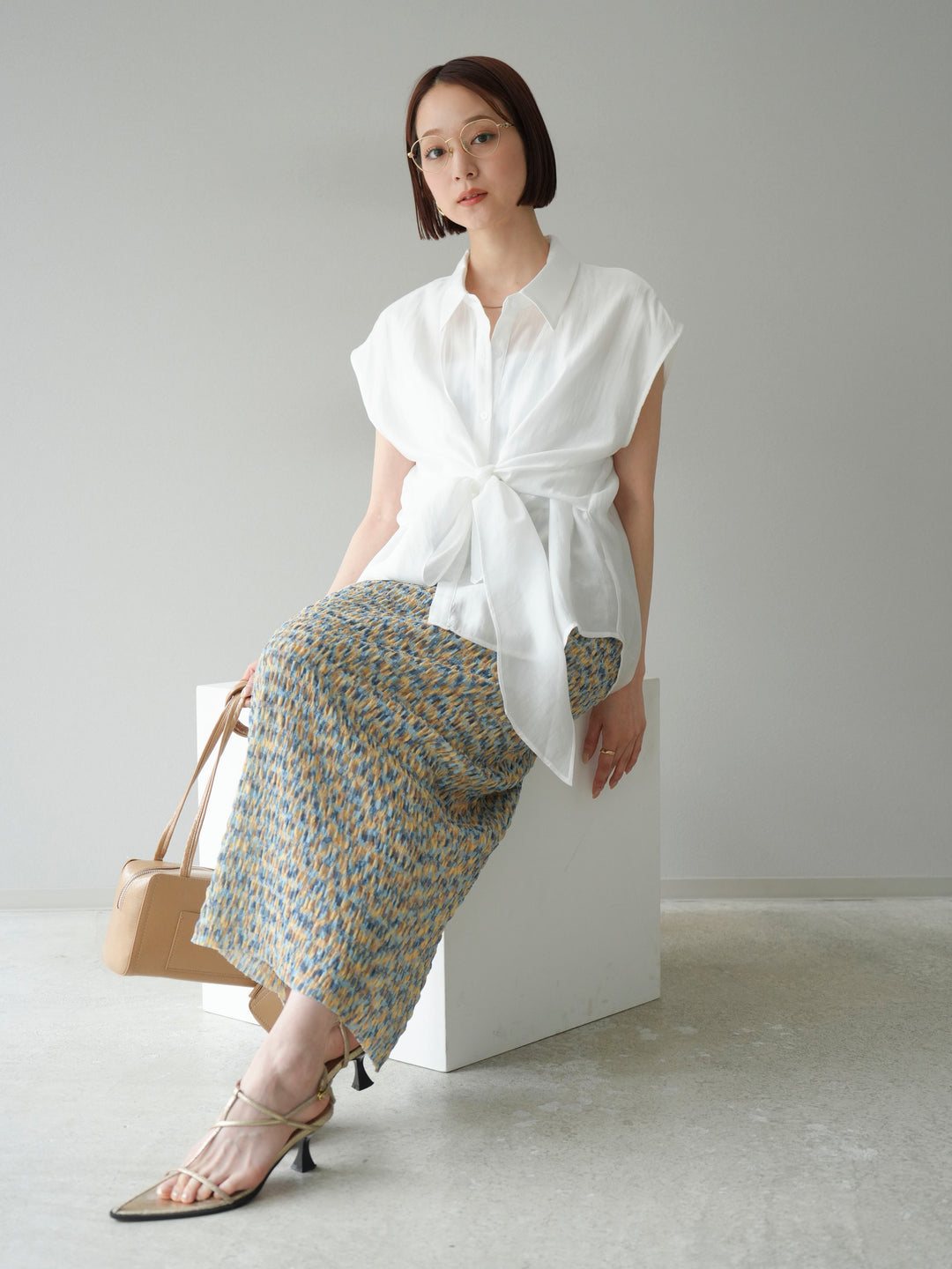 [SET]フロントタイシアーブラウス+マルチカラーランダムプリーツタイトスカート(2set)