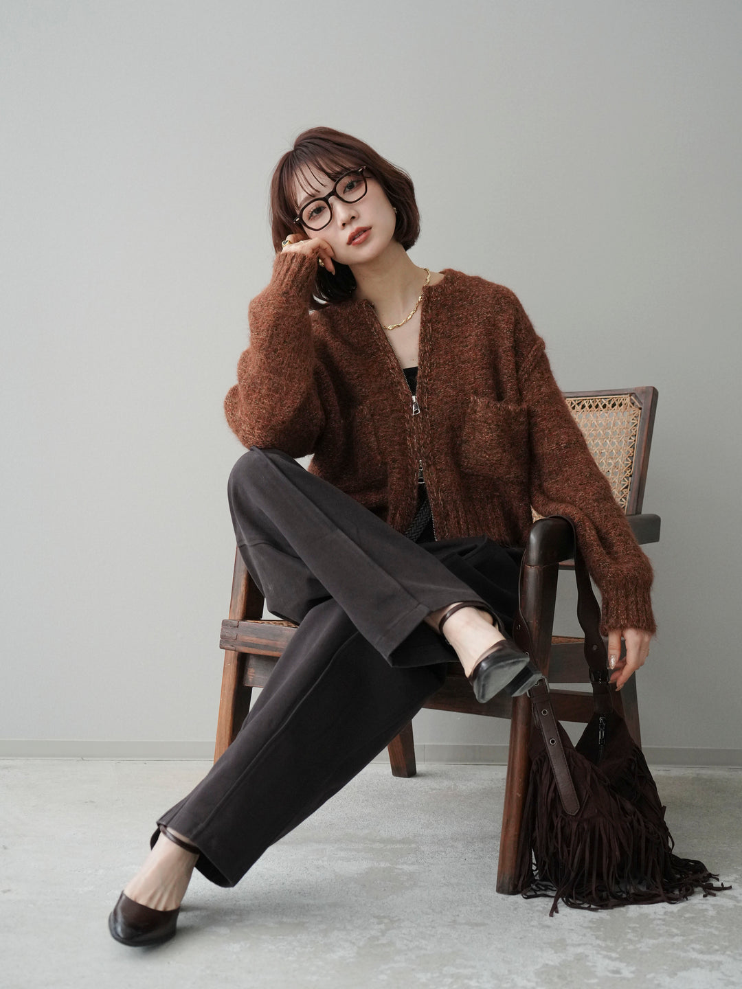 [SET]ミックスヤーンダブルZIPニットカーディガン+選べるアクセセット(2set)