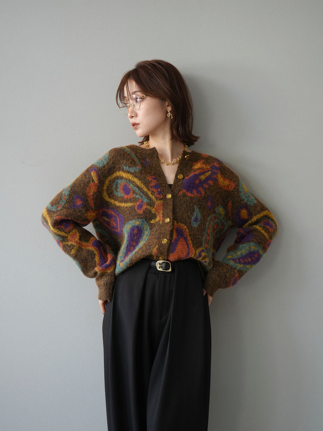 【着回しセット】[SET]求心柄クロップドニットカーディガン+ミックスヤーンペイズリー柄ニットカーディガン+ベルトループデザインワイドパンツ(3set)