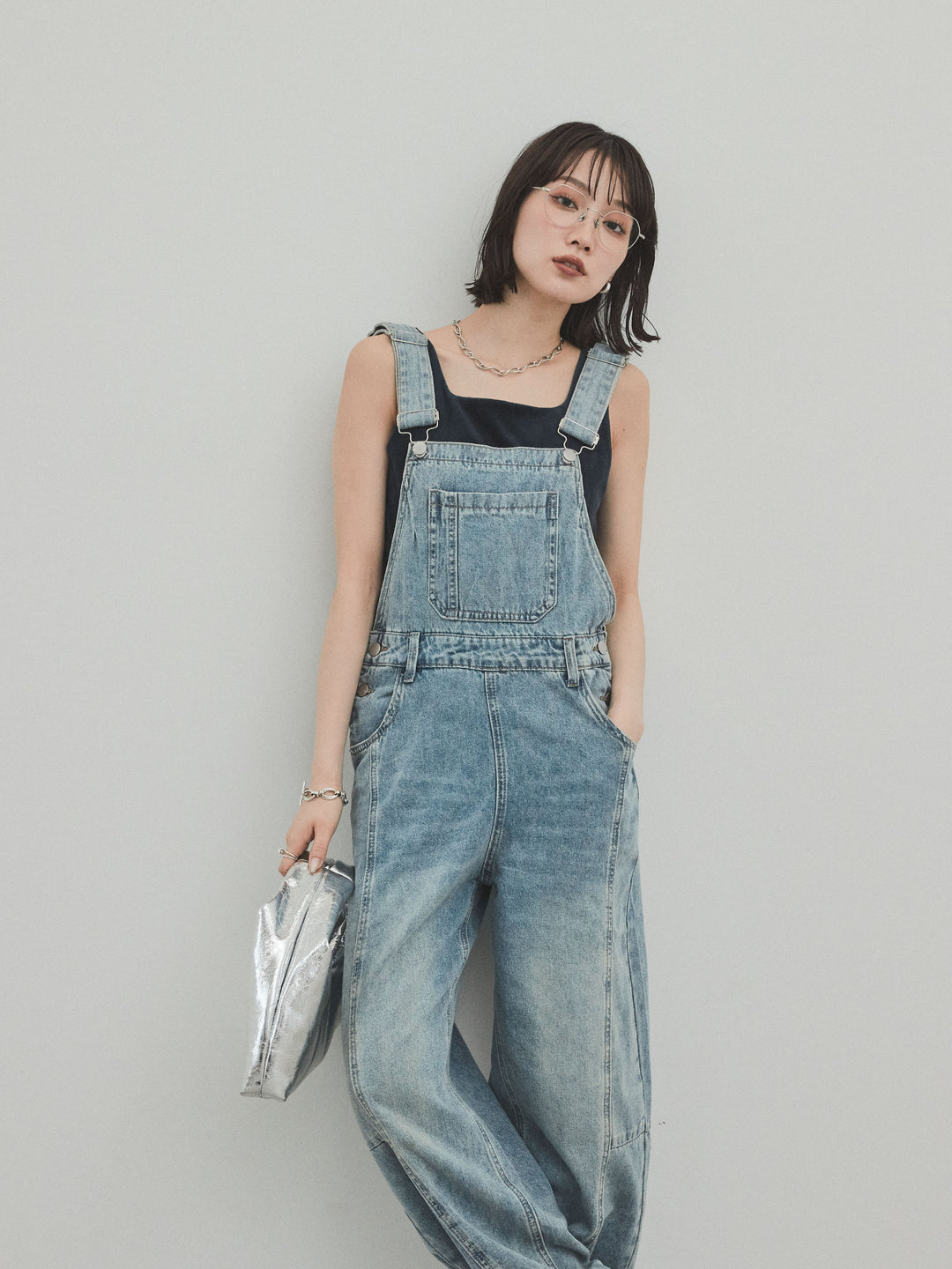 [SET]センターシームデニムサロペット +スクエアベロアタンクトップ(2set)