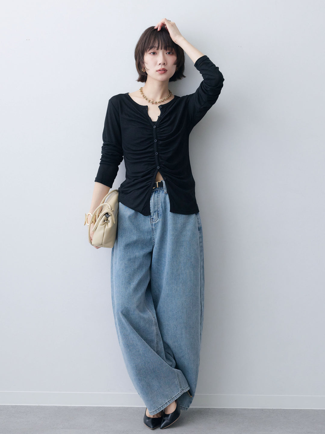[SET]シアーフライスギャザーカーディガン+ニュアンスウォッシュカーブデニム(2set)