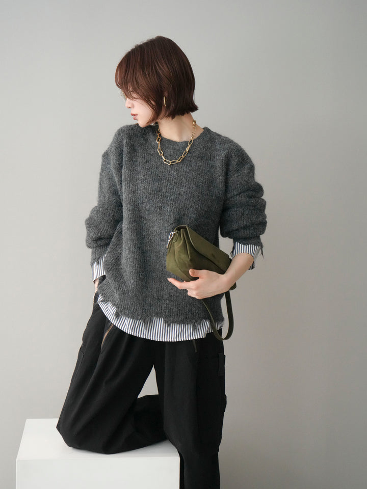 [予約]裾シャツレイヤードダメージニットプルオーバー/darkgrey