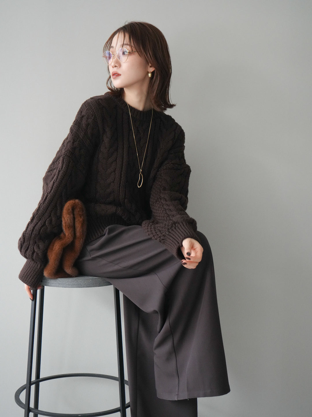 [予約]ボリュームケーブルニットプルオーバー/brown