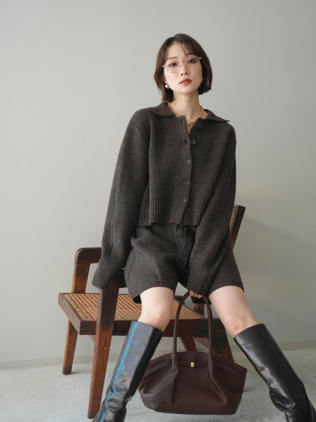 [予約]メランジニット襟付きクロップドカーディガン/brown