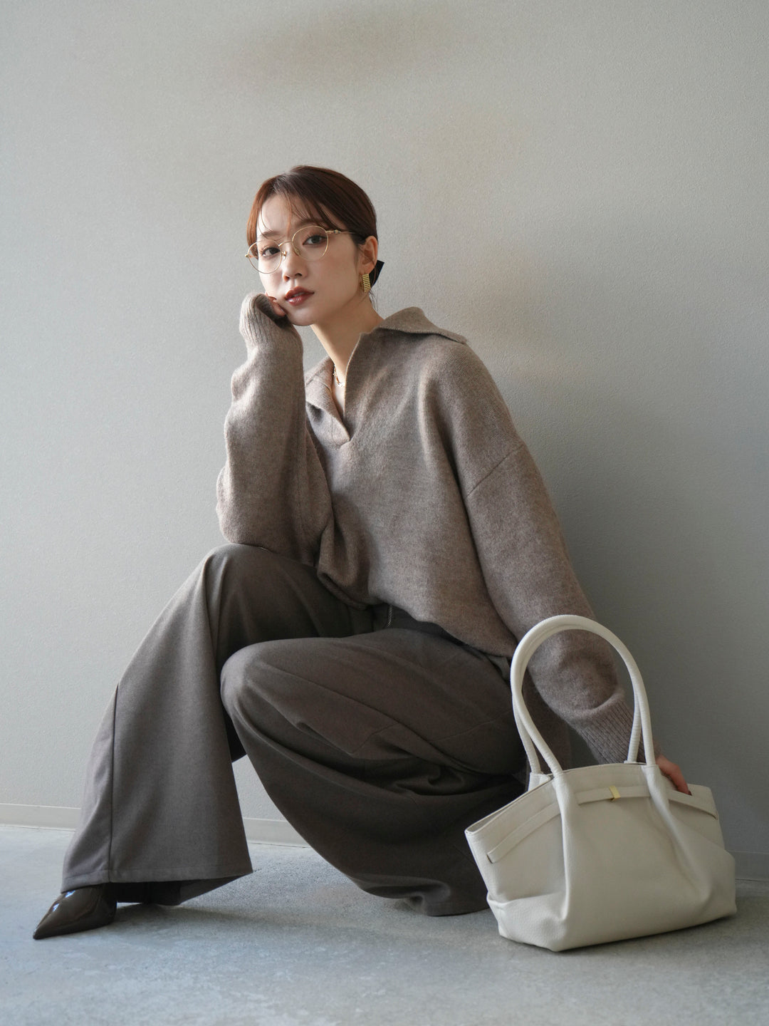 [予約]スキッパーオーバーニットプルオーバー/greige