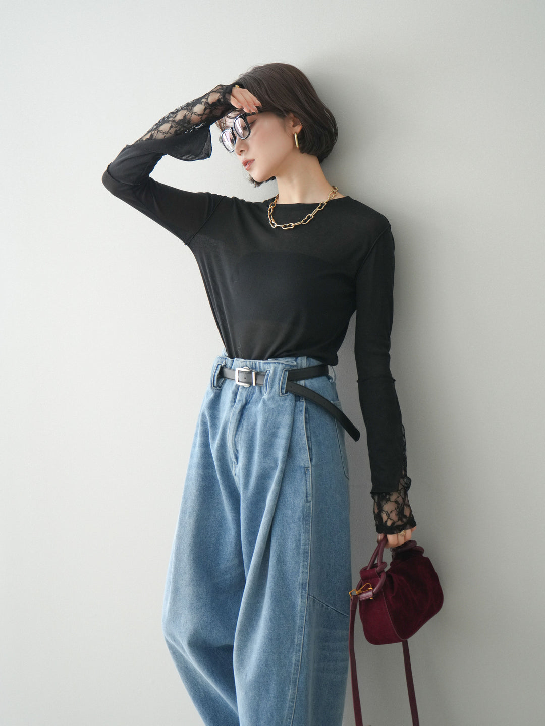 [予約]袖レースレイヤードデザインメロートップス/black