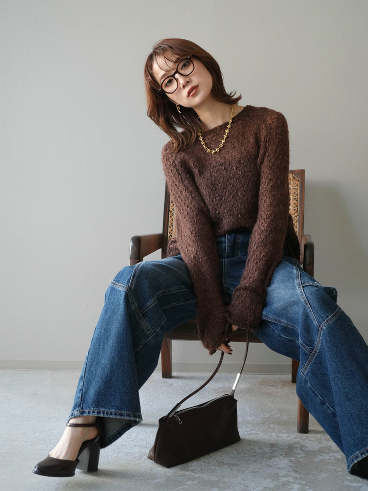 [予約]透かし編みモヘアタッチポコポコニットプルオーバー/brown