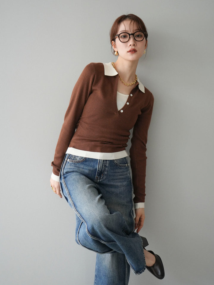 [予約]レイヤード配色ポロニットトップス/brown