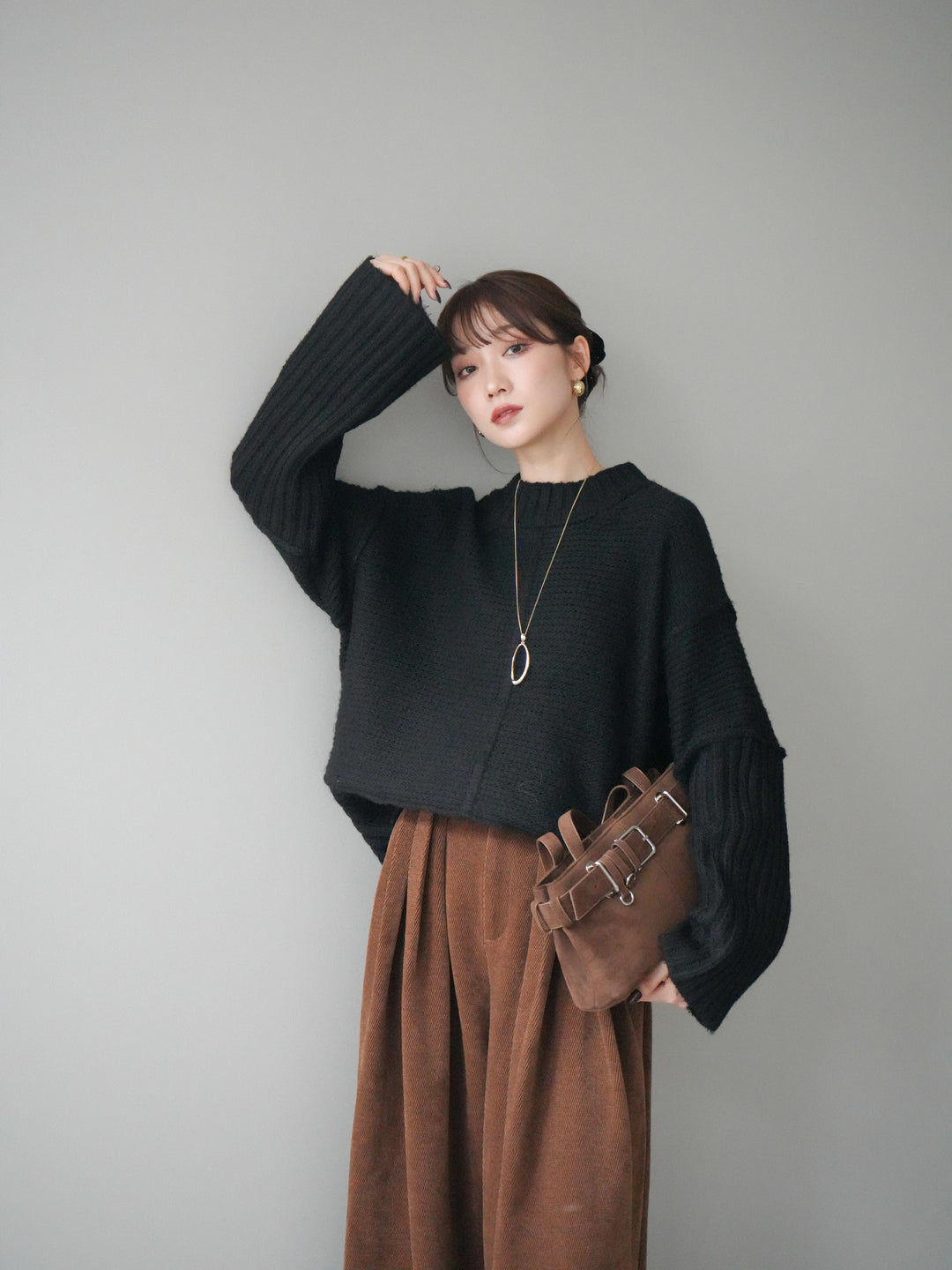 [予約]編み地切替ボトルネックニットプルオーバー/black