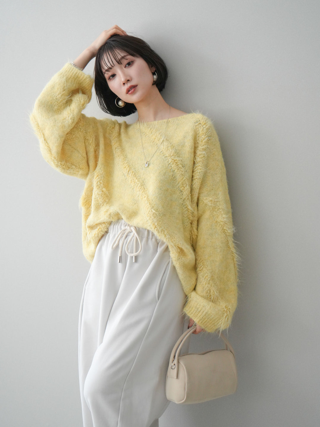 [SET]シャギーデザインニットプルオーバー+裾ZIPスエットワイドパンツ(2set)