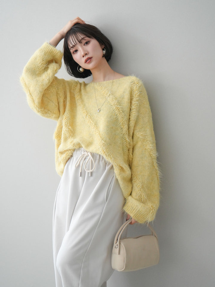 [SET]シャギーデザインニットプルオーバー+裾ZIPスエットワイドパンツ(2set)