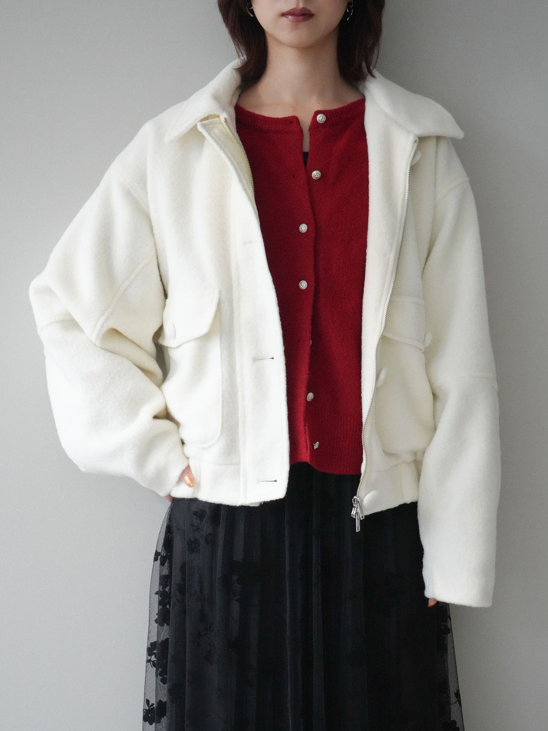 [SET]ウールライクフライトジャケット+アンティークボタンニットカーディガン+フラワーフロッキーチュールプリーツスカート(3set)