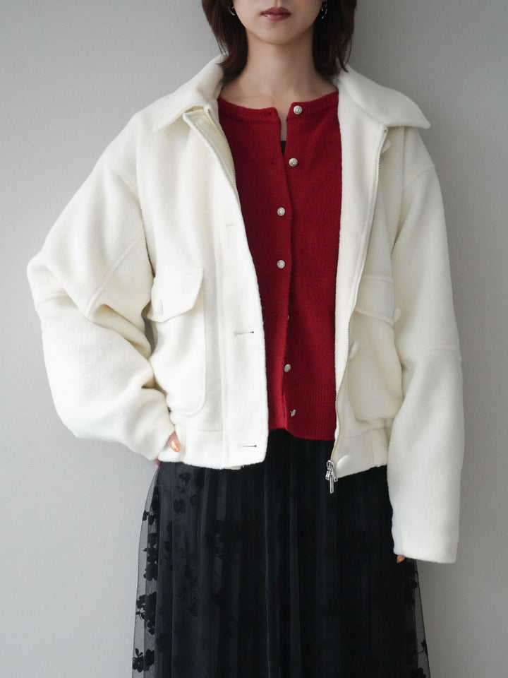 [SET]ウールライクフライトジャケット+アンティークボタンニットカーディガン+フラワーフロッキーチュールプリーツスカート(3set)