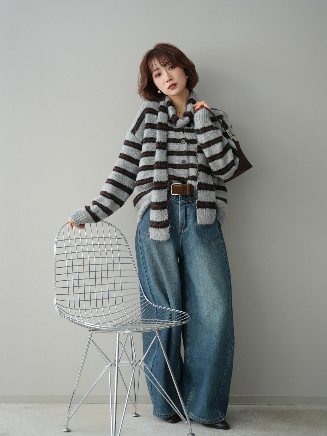 [SET]ボウタイ付きボーダーニットプルオーバー+ベルト付裏起毛カーブデニムパンツ(2set)