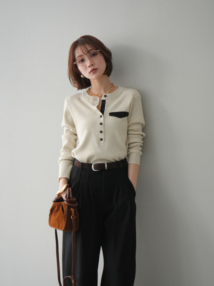 [SET]バイカラーデザインポケット配色ヘンリーネックニットソー+アニマル柄ベルト付きウールタッチワイドパンツ(2set)