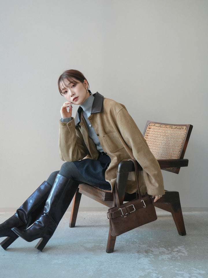 [SET]襟レザーステンカラースエードジャケット+ベルト付きタックミニスカート(2set)