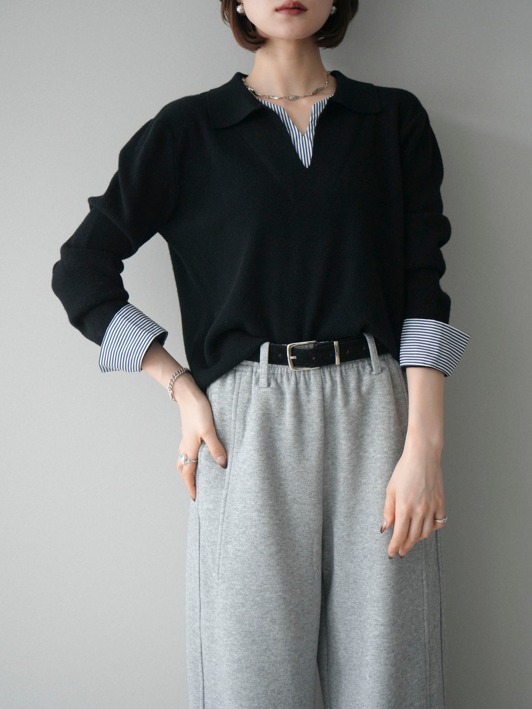 [予約]シャツレイヤードスキッパーニットプルオーバー/black