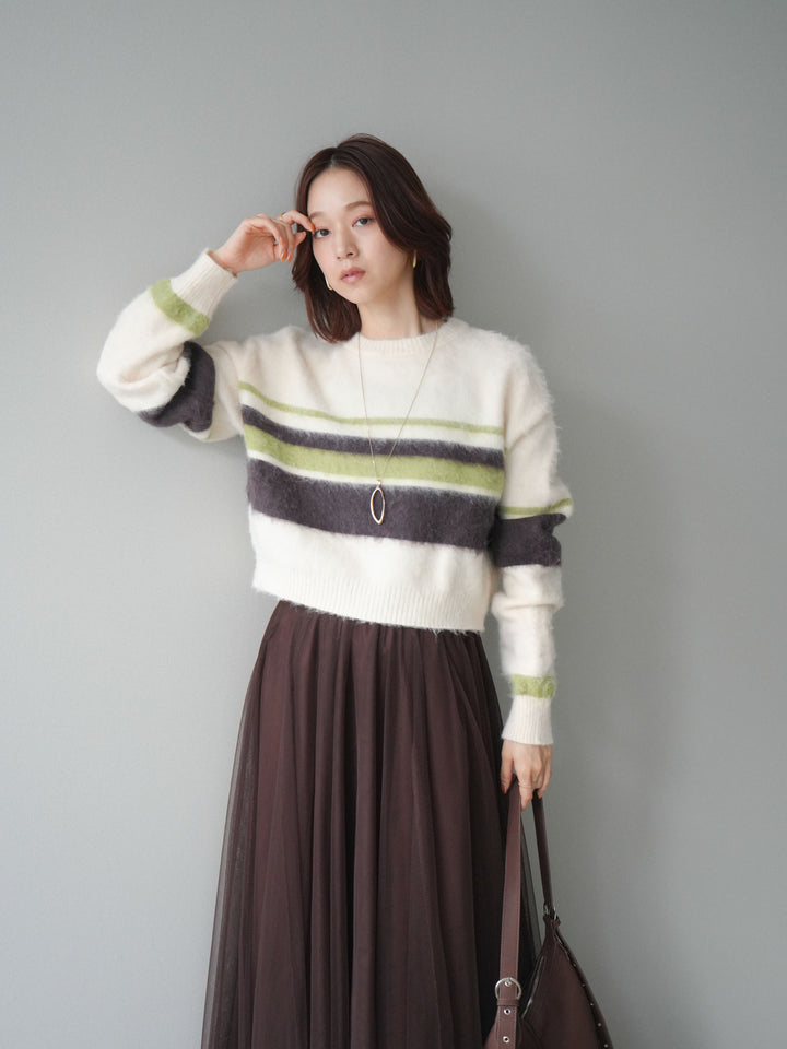 [SET]ソフトタッチボーダークロップドニットプルオーバー+チュールボリュームスカート(2set)