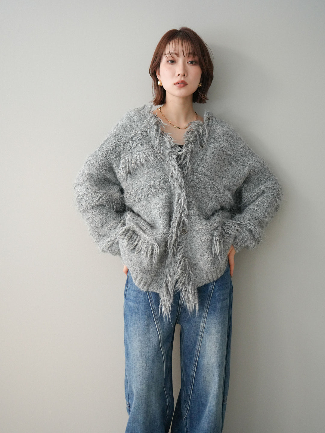 [SET]ミックスヤーンフリンジデザインニットジャケット+裏起毛加工デニムカーブパンツ(2set)