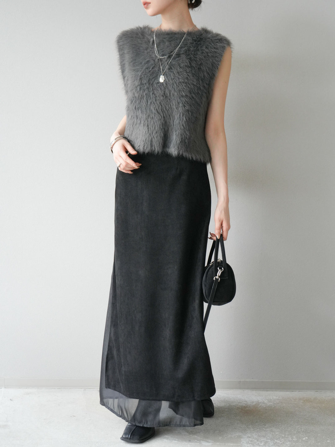 [予約]サイドスリットスウェードドッキングシフォンスカート/ブラック
