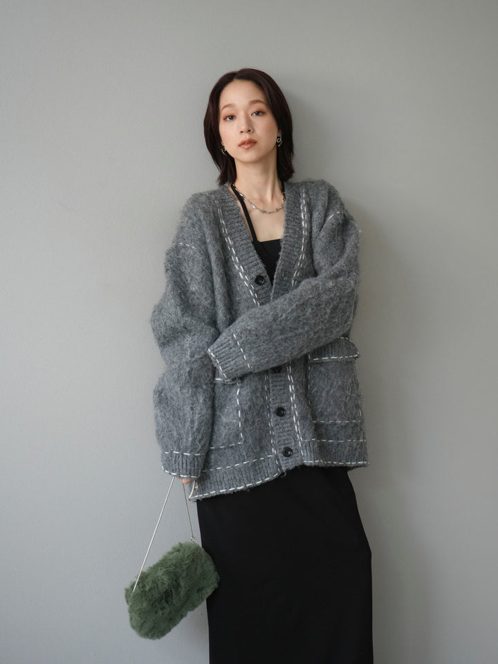 [予約]ステッチVネックニットカーディガン/グレー