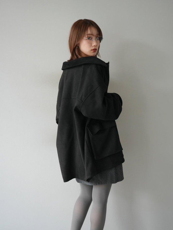 [予約]コーデュロイ襟スウェードミドルジャケット /ブラック