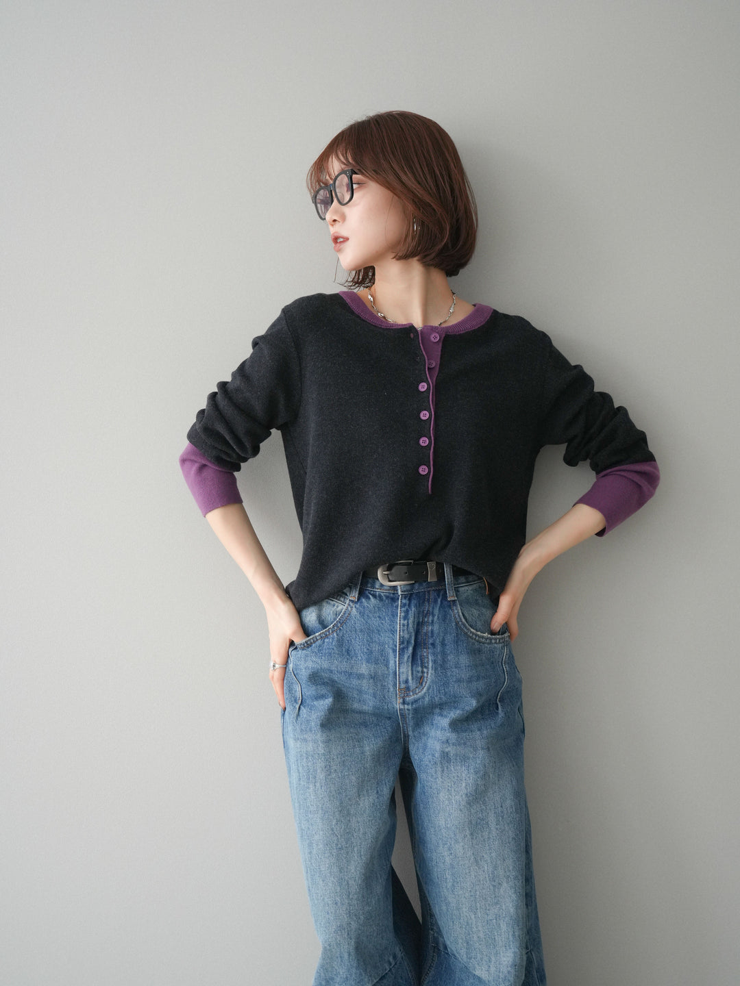 [SET]ヘンリーネック配色ニットソー+ベルト付3Dカーブワイドデニムパンツ(2set)
