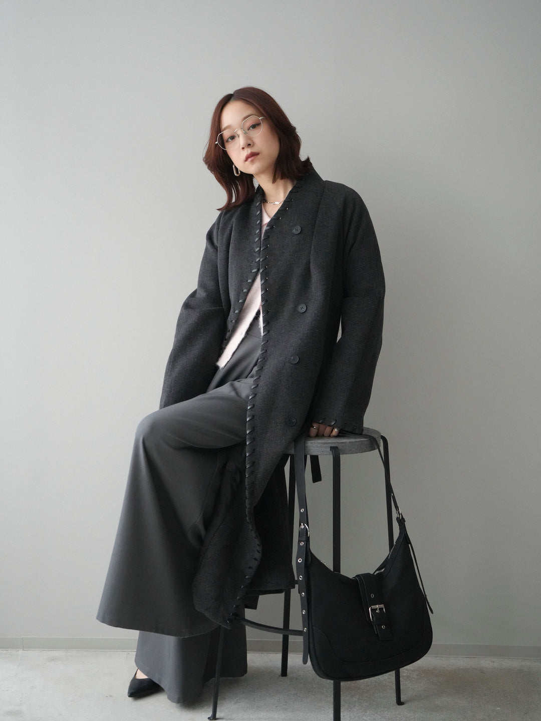 [SET]ハンドステッチ裏中綿ロングコート+テープベルトタックバギーパンツ(2set)