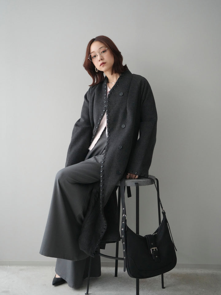 [SET]ハンドステッチ裏中綿ロングコート+テープベルトタックバギーパンツ(2set)