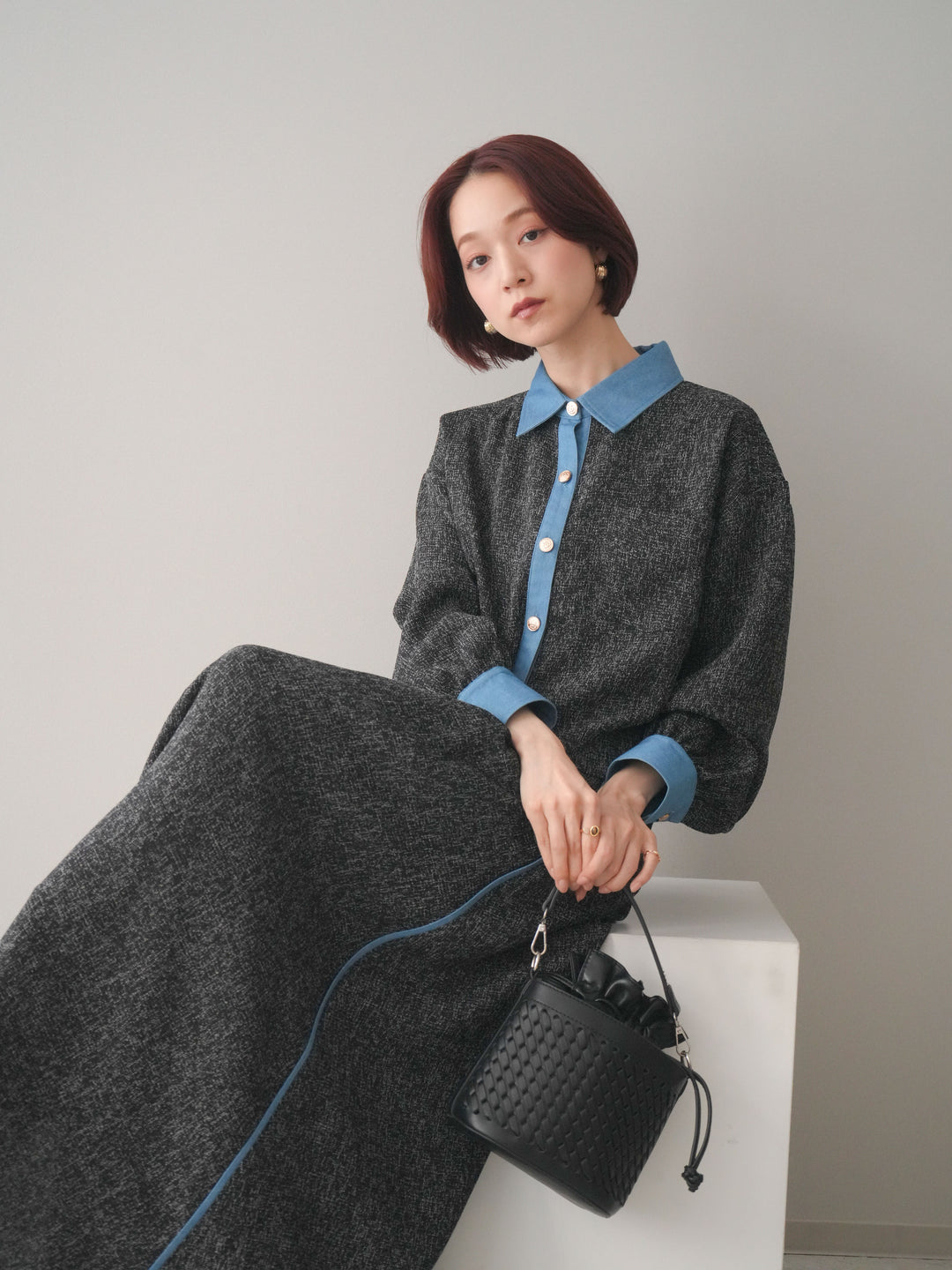 [SET]異素材サマーツイードシャツ+異素材サマーツイードタックフレアスカート(2set)