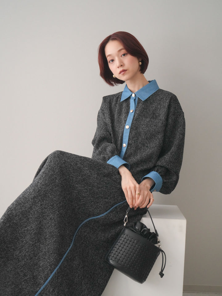 [SET]異素材サマーツイードシャツ+異素材サマーツイードタックフレアスカート(2set)