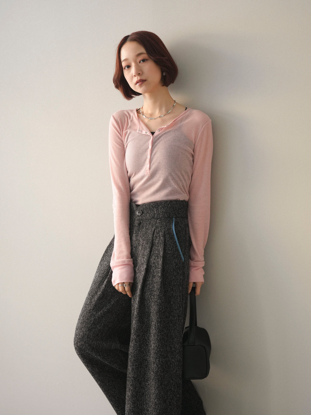 [予約]シアーリブヘンリーネックロンT/pink