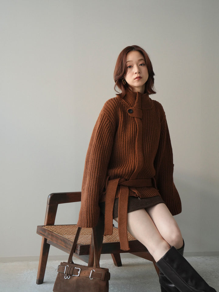 [予約]畦編みボトルネックZIPニットカーディガン/brown