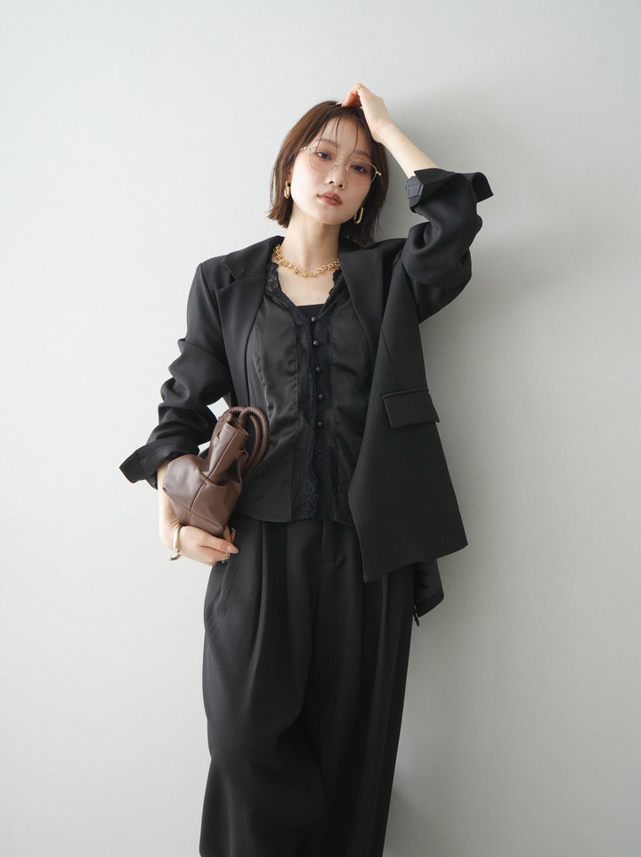 [SET]バックスリットデザインジャケット+編み込みベルト付タックワイドパンツ(2set)
