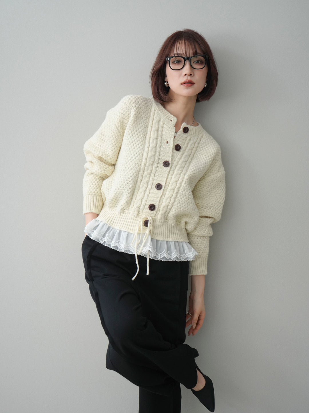 [SET]裾レースケーブルニットカーディガン+選べるアクセセット(2set)