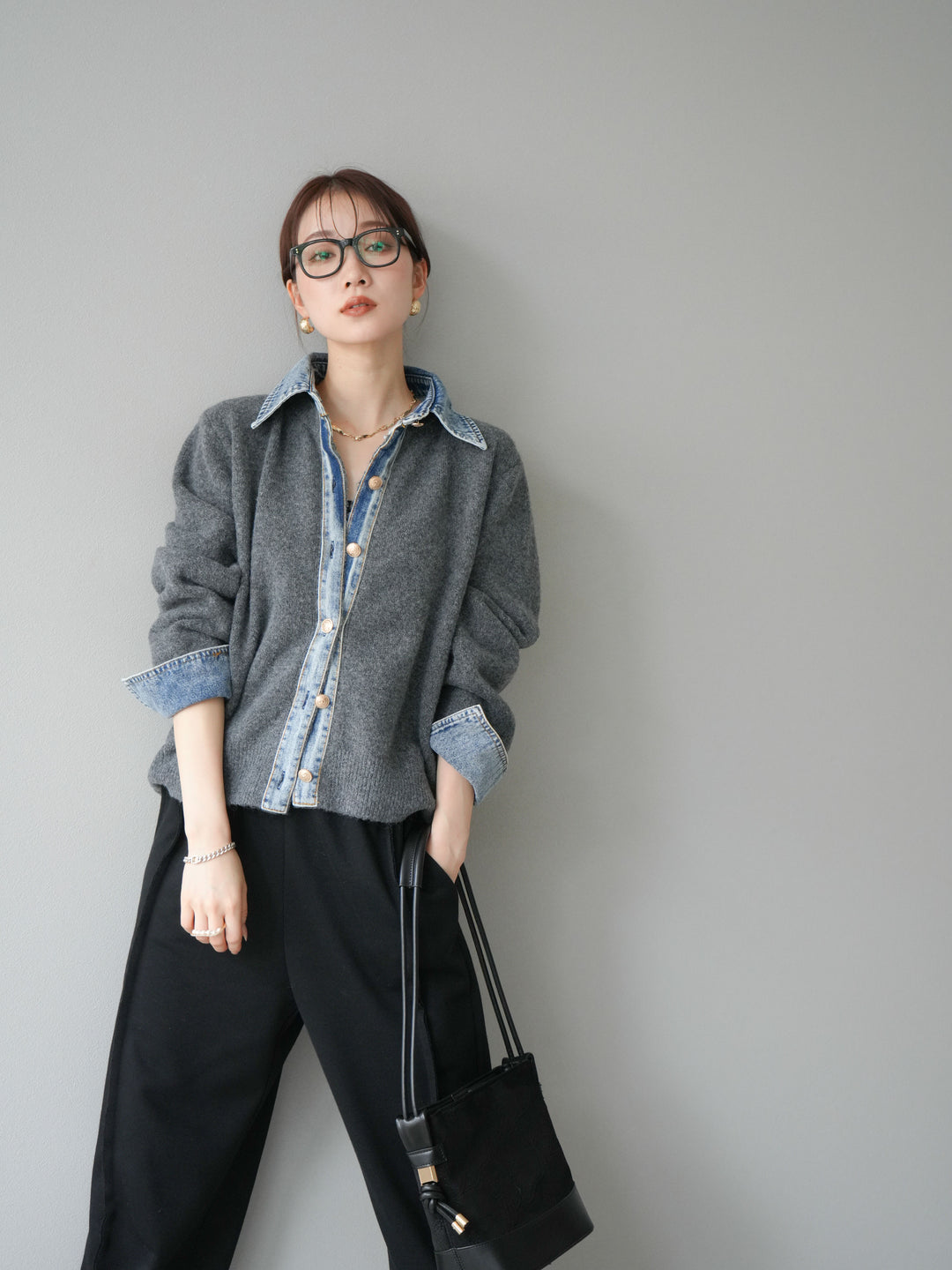 【着回しセット】[SET]デニム襟ボタンニットカーディガン+デニム襟ボタンニットカーディガン+2WAYデザインスウェットパンツ(3set)