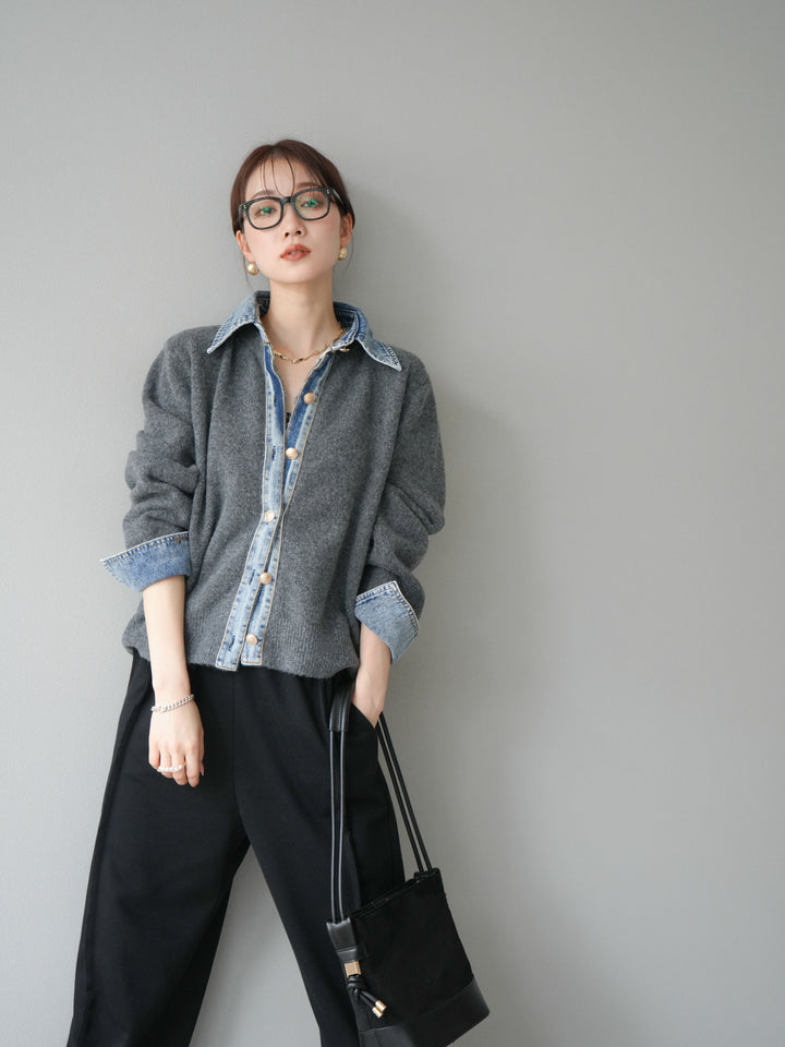 【着回しセット】[SET]デニム襟ボタンニットカーディガン+デニム襟ボタンニットカーディガン+2WAYデザインスウェットパンツ(3set)