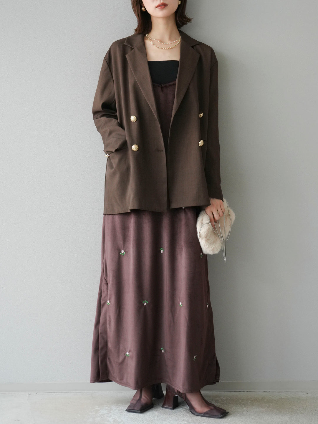 [予約]フラワー刺繍ベロアキャミワンピース/ブラウン