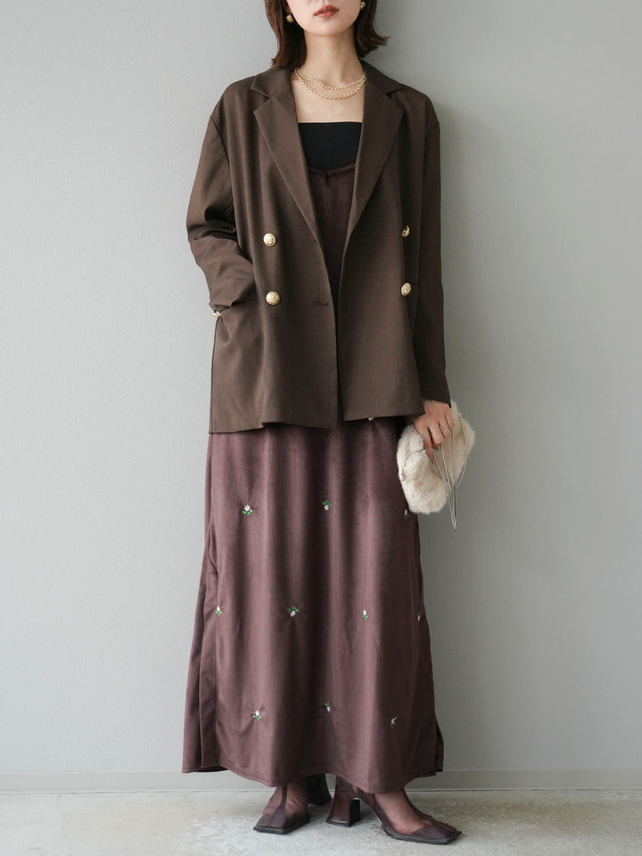 [予約]フラワー刺繍ベロアキャミワンピース/ブラウン