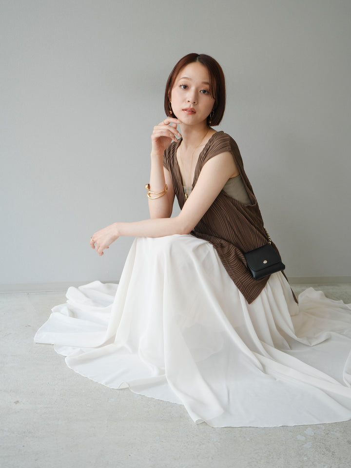 [SET]ウェーブパイピングVネックベスト+シフォンフレアスカート(2set)