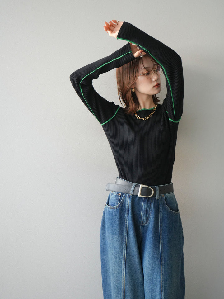 [予約]バイカラークルーネックリブニットトップス/black