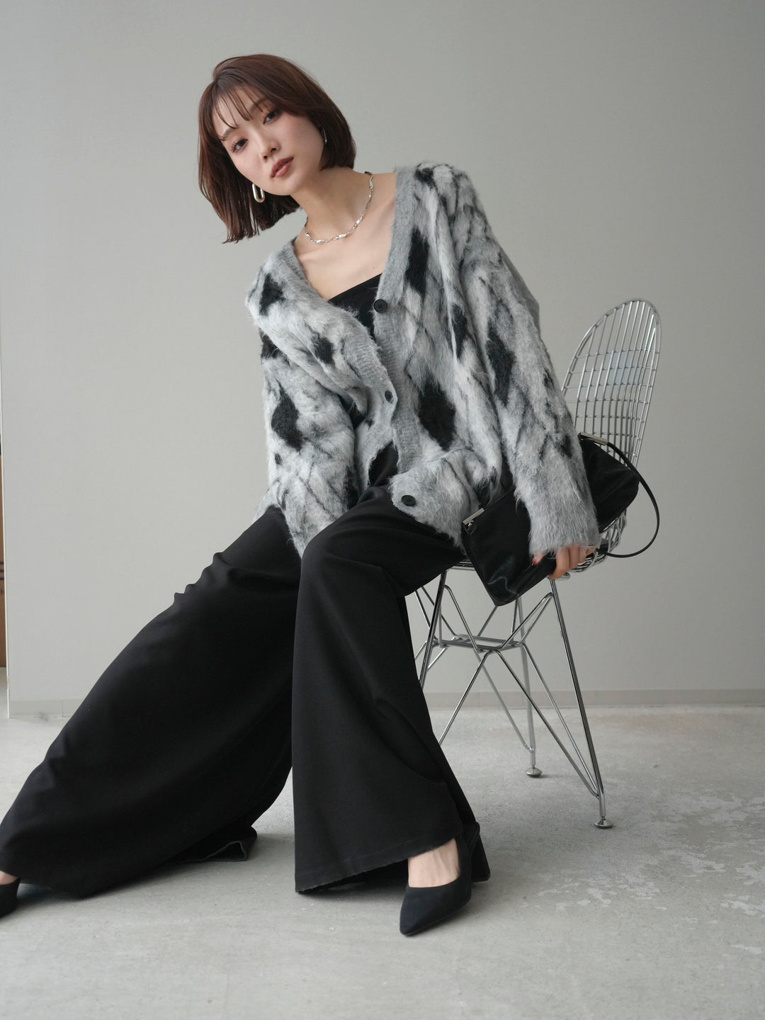 [予約]アーガイル柄シャギーニットカーディガン/gray